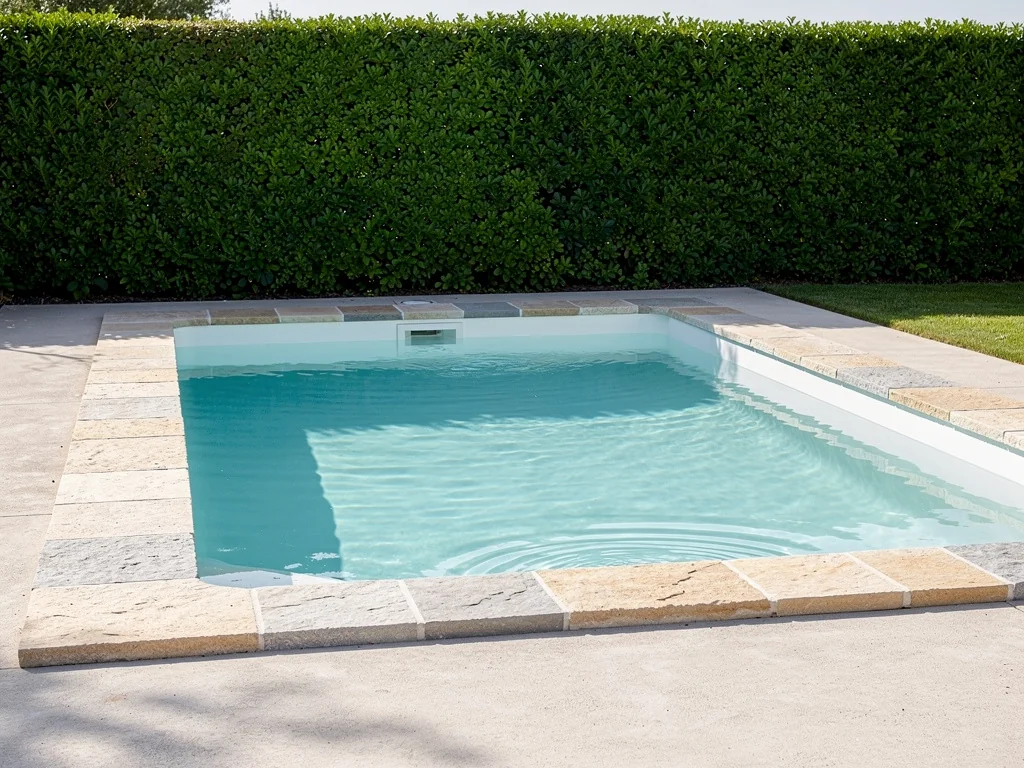 Petite piscine coque rectangulaire bordée de margelles en pierre