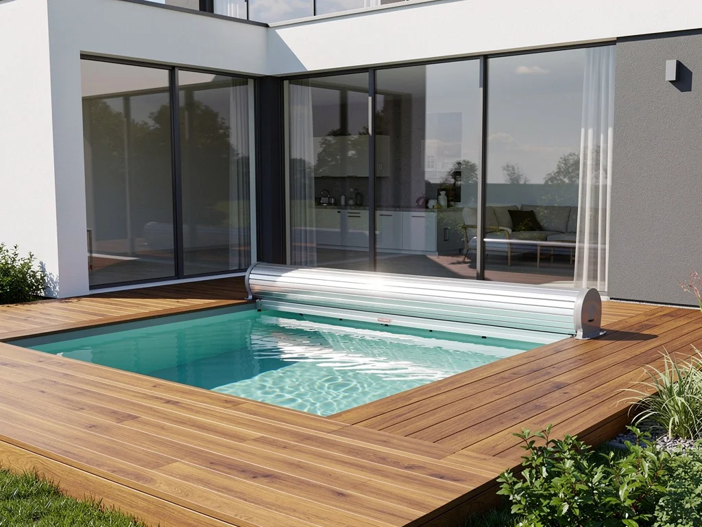 Mini-piscine de 10 m² avec volet roulant immergé sur une terrasse