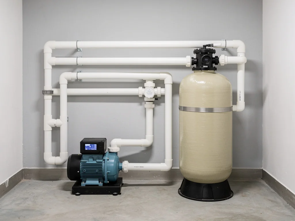 Local technique compact avec pompe et filtration de mini-piscine